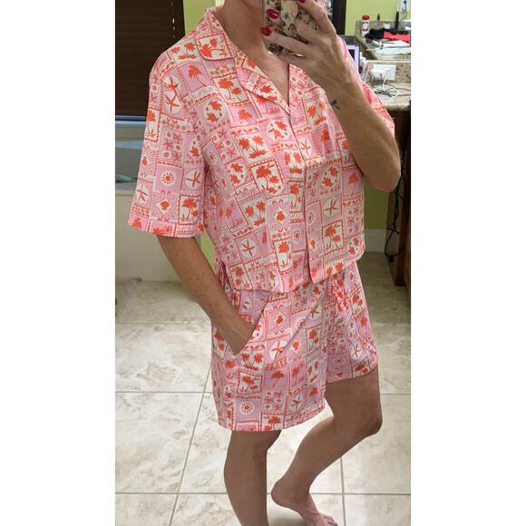 Sigrid Olsen Sleepwear 2 piece short lounge set pink red tropical notch NWT - Picture 5 of 10